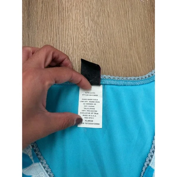 Vintage Turquoise Floral Mesh Babydoll Top Y2K Cap Sleeve XL tropical goingout - Picture 4 of 6